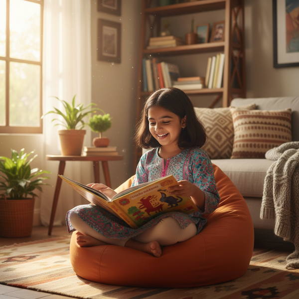 Happy Indian child reading a book